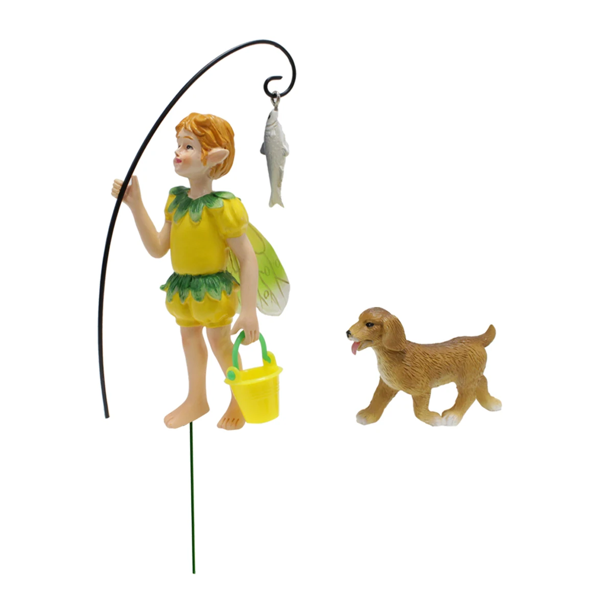 Go Fishing Resin Boy Mini Stake With Dog Flower Pot Stake Miniature Garden