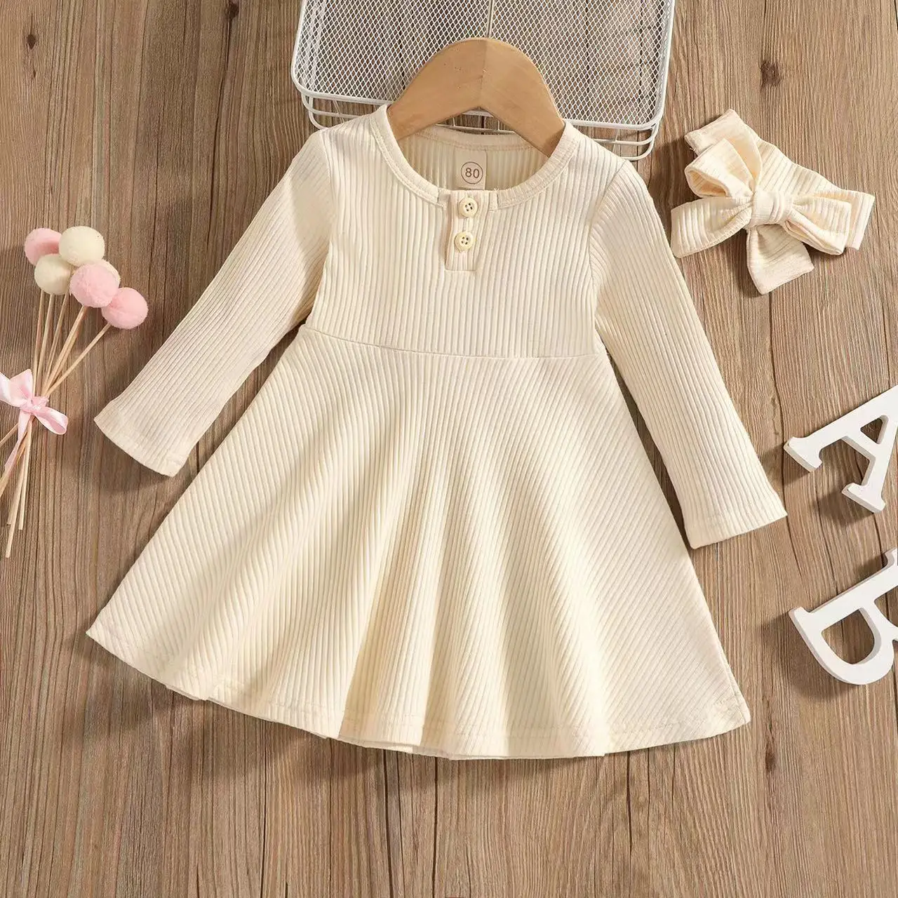 Hot Sale Infant Toddler Kids Baby Girls Dress Soft Knitted Long Sleeve Button Dresses For Girls Autumn Spring Clothing