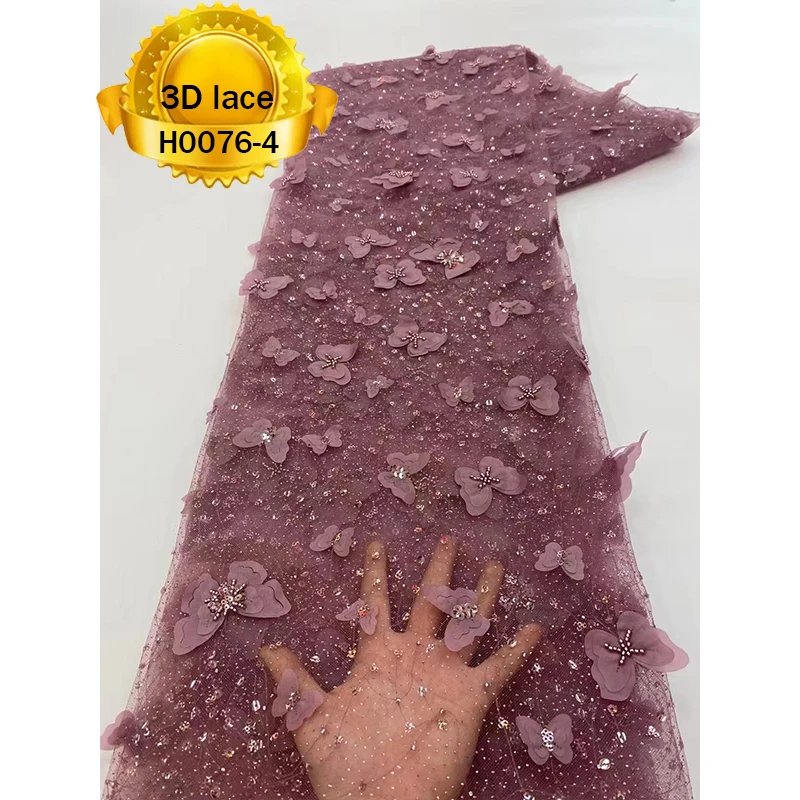 Yellow color butterfly pattern african french women dress tulle 3d embroidery french lace fabric With Beads