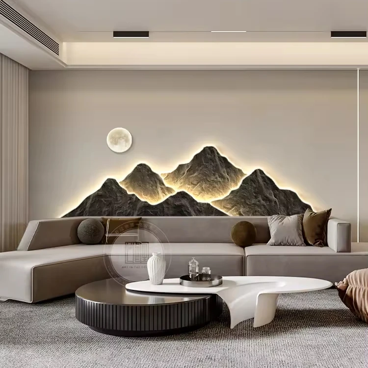 100*35CM Light luxury mountain landscape crystal porcelain modern glass wall paintings with led home decor for living room