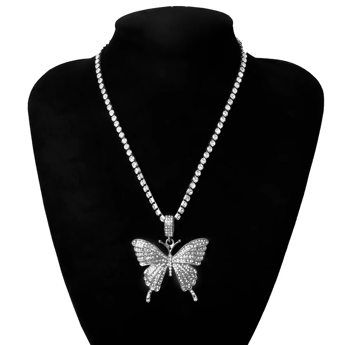 Ins Hip Hop Luxury Jewlry Tennis Chain Diamond Rhinestone Butterfly Necklace for Women