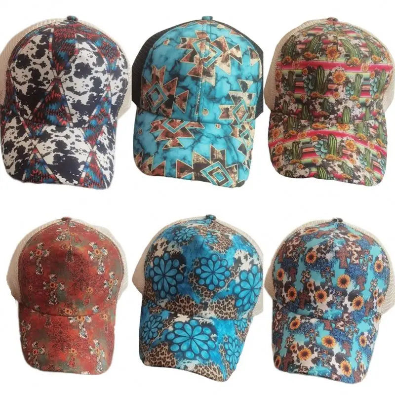 A 272 Woman Sports Baseball Cap Messy Buns Washed Cotton Trucker Mesh Hats Cactus Sunflower Cross Distressed Ponytail Hats