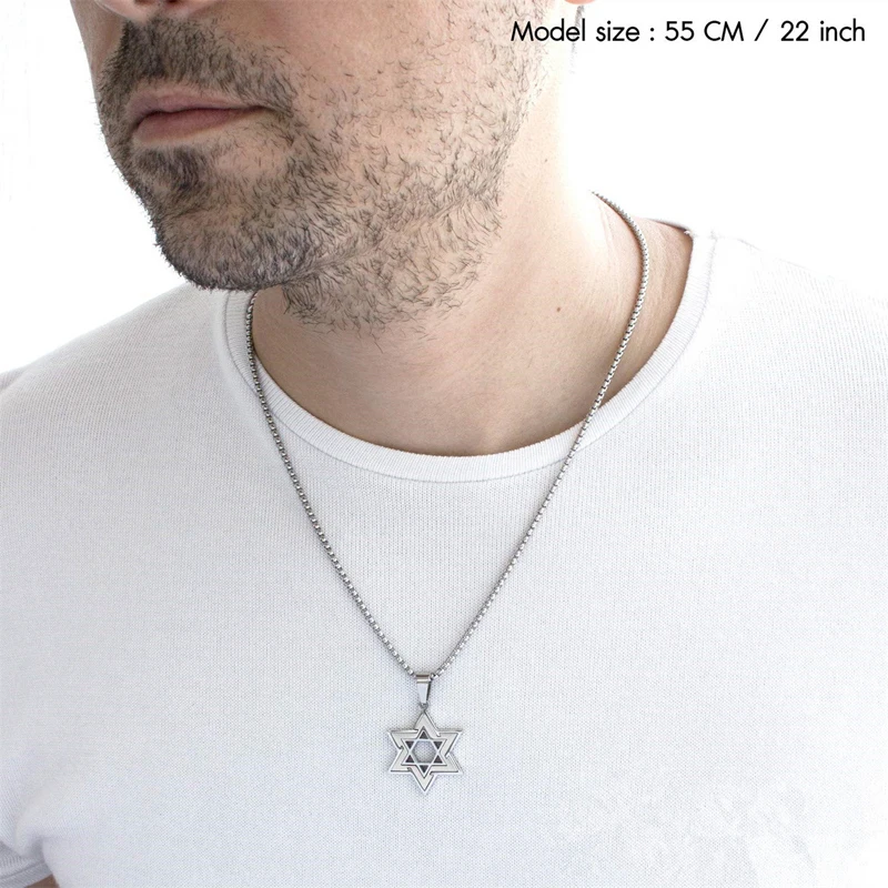 Fashion Stainless Steel Silver Hexagrams Star necklace Religious Amulet Men Statement Israel Star of David Pendant Necklace