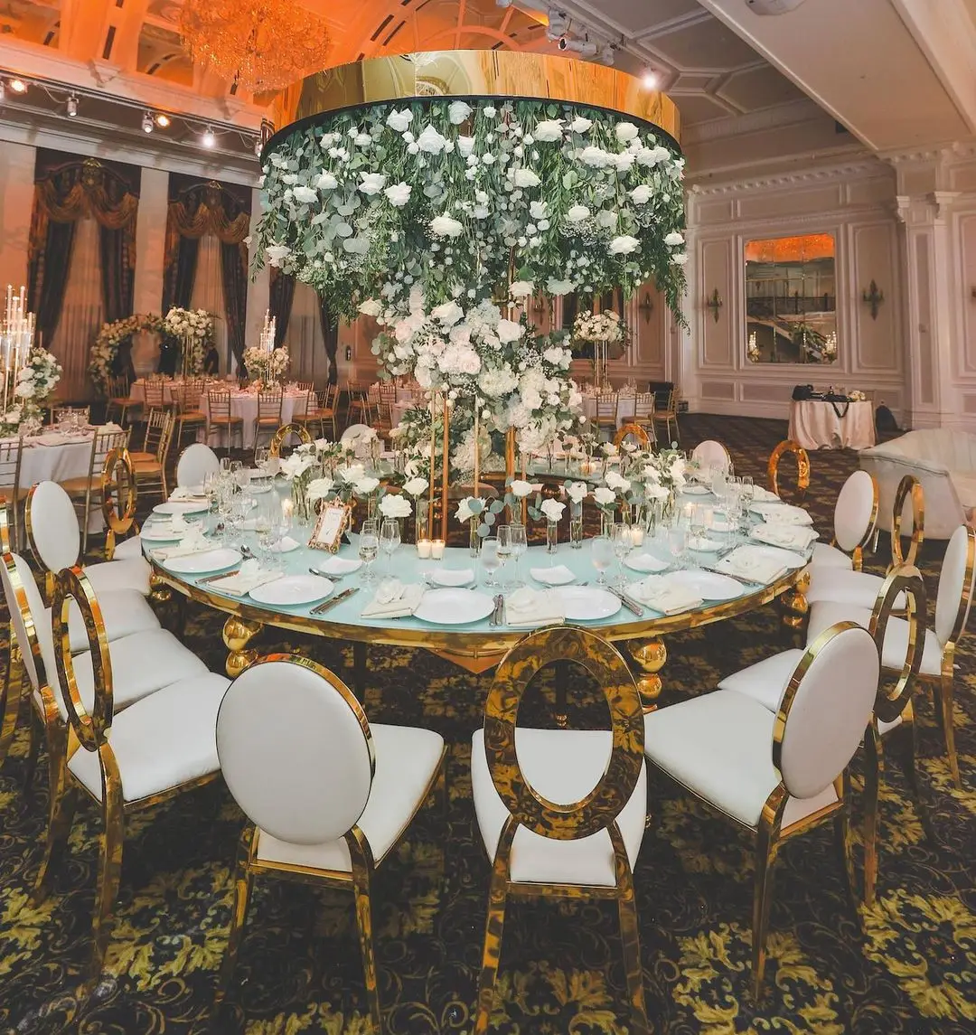 Luxury modern gold stainless steel round back dining banquet chair for wedding