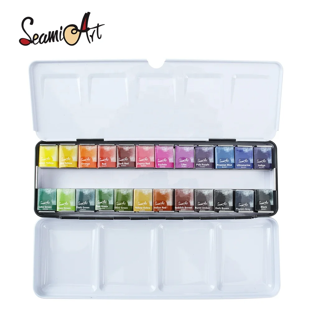 High Quality SeamiArt 24 Colors Professional Solid Watercolor Half Pan Tin Box set