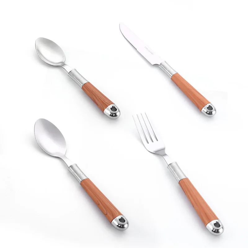 Wood Grain Tableware Steak Knife Fork Small Tea Spoon 410 Stainless Steel Cutlery Sets 24PCS Portable Dinnerware Flatware Sets