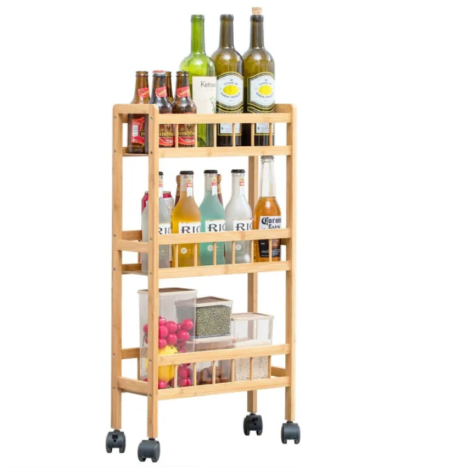 wooden 3-Tier Kitchen Removable Storage Cart Trolley Slim Slide Out Rolling