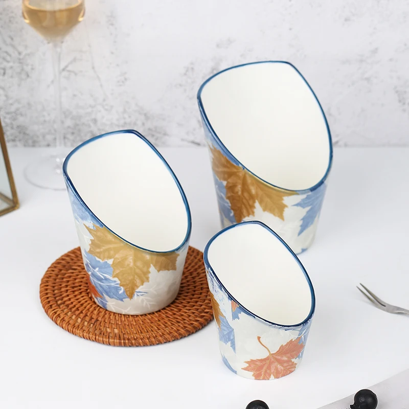 Unique Ceramic French Fries Holder Restaurant Porcelain Chip And Dip Cup Snack Bowl Plate