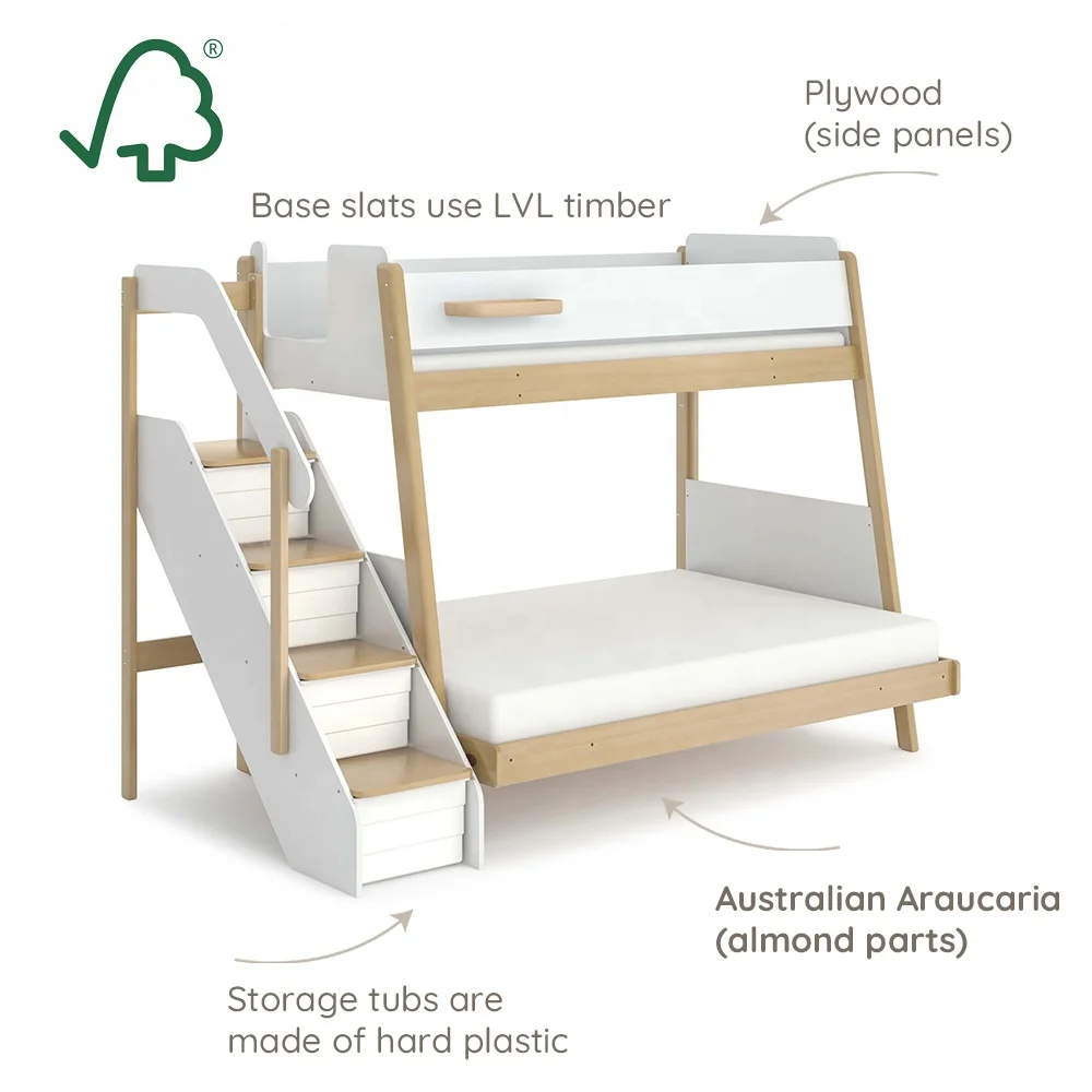 Only B2B Boori Wooden Bedroom Furniture Set Twin Over Full Double Bed Kids Bunk Bed With Storage Drawer Stairs