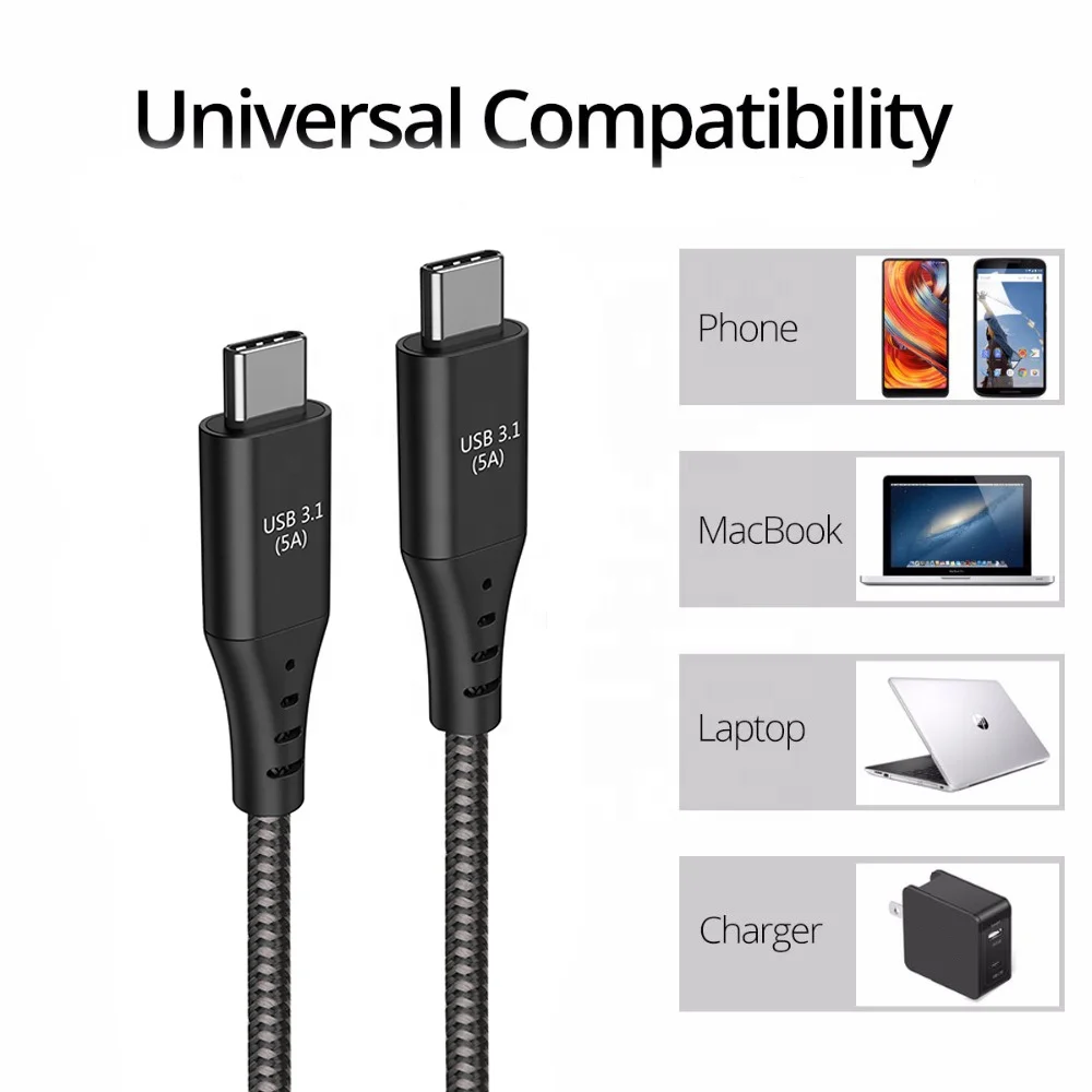 
2020 New E-MARK IC 20V 5A USB 3.1 Type-C to Type-C PD Fast Charger Data Cable 10G/s , GEN 2 4K 3D 