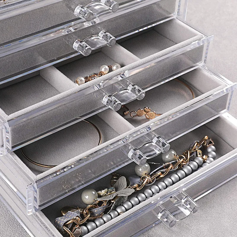 Acrylic Transparent 5 Layer Jewelry Storage Box Clear Velvet Earring Organizer with Drawers Rings Display Case  Holder Tray