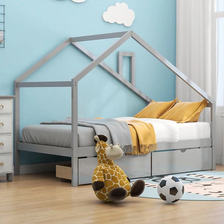 Bedroom House Roof Shape Wooden Frame Kids Boys Girls Teens Toddler Children Daybed Montessori Floor Bed with Drawers