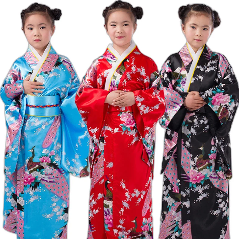Chinese Factory Japanese Traditional Dress Kimono Robe For Kids Girls Costume Peacock Flower Long Halloween Dress