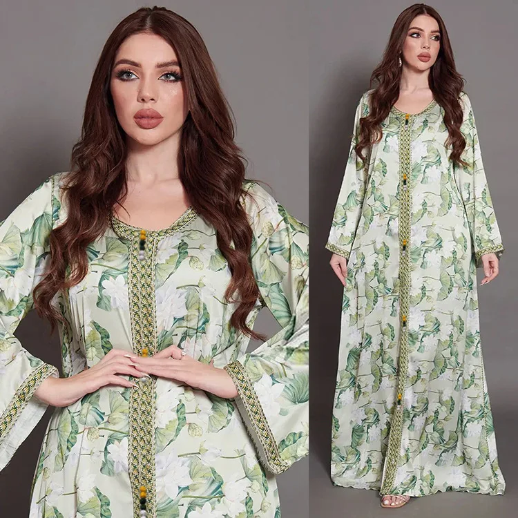Middle East Dubai Arabian Long Sleeve Printed Jalabiya For Women Robe Abaya Muslim Dress