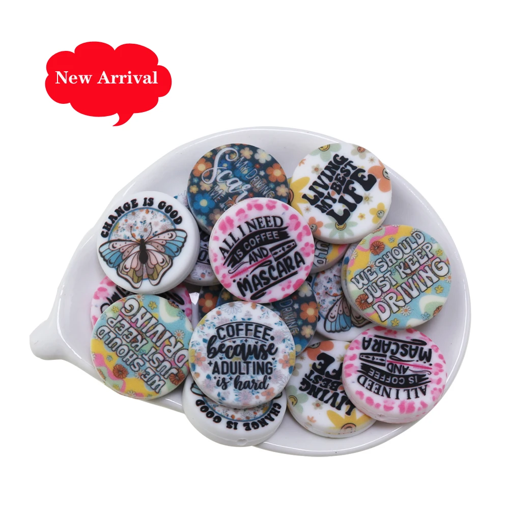 Free Custom 24mm Silicone Beads Round Daisy Cow Car Skull Colorful Pattern DIY Pens Leopard Print Custom Silicone Focal Beads