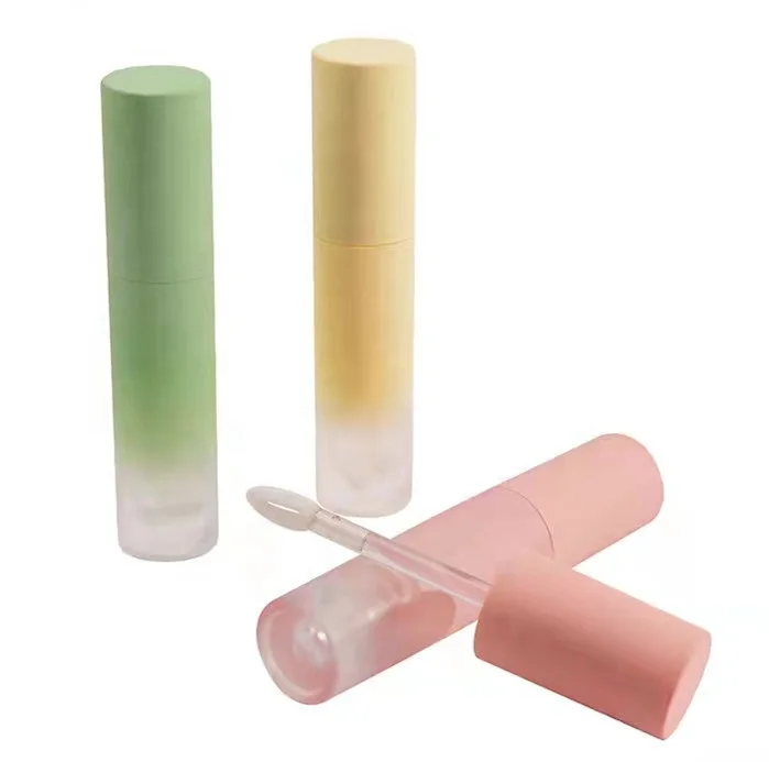 Round empty mini gradient green yellow lipstick lip gloss container frosted pink lipgloss packaging tubes with heart brush 3ml