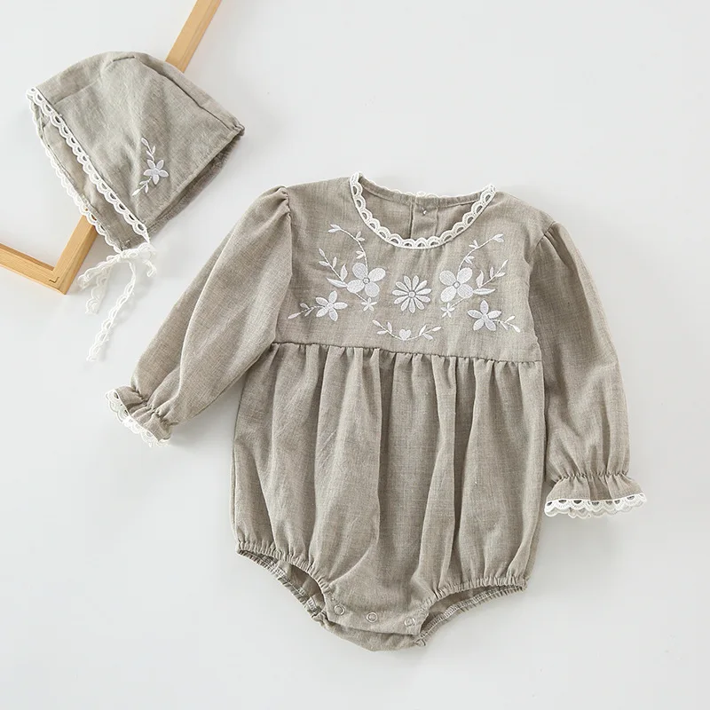 2020 baby romper Linen garments embroidered bag fart baby girl climb clothes long sleeve puffy style baby romper set with hat