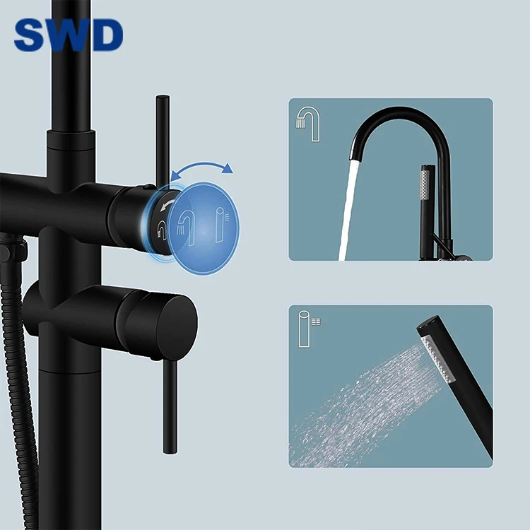 Black Brassl Mounted Free Standing Filler Bath Shower Mixer Upc Floor Stand Shower Set Mixer Freestanding Bathtub Tub Faucet Set