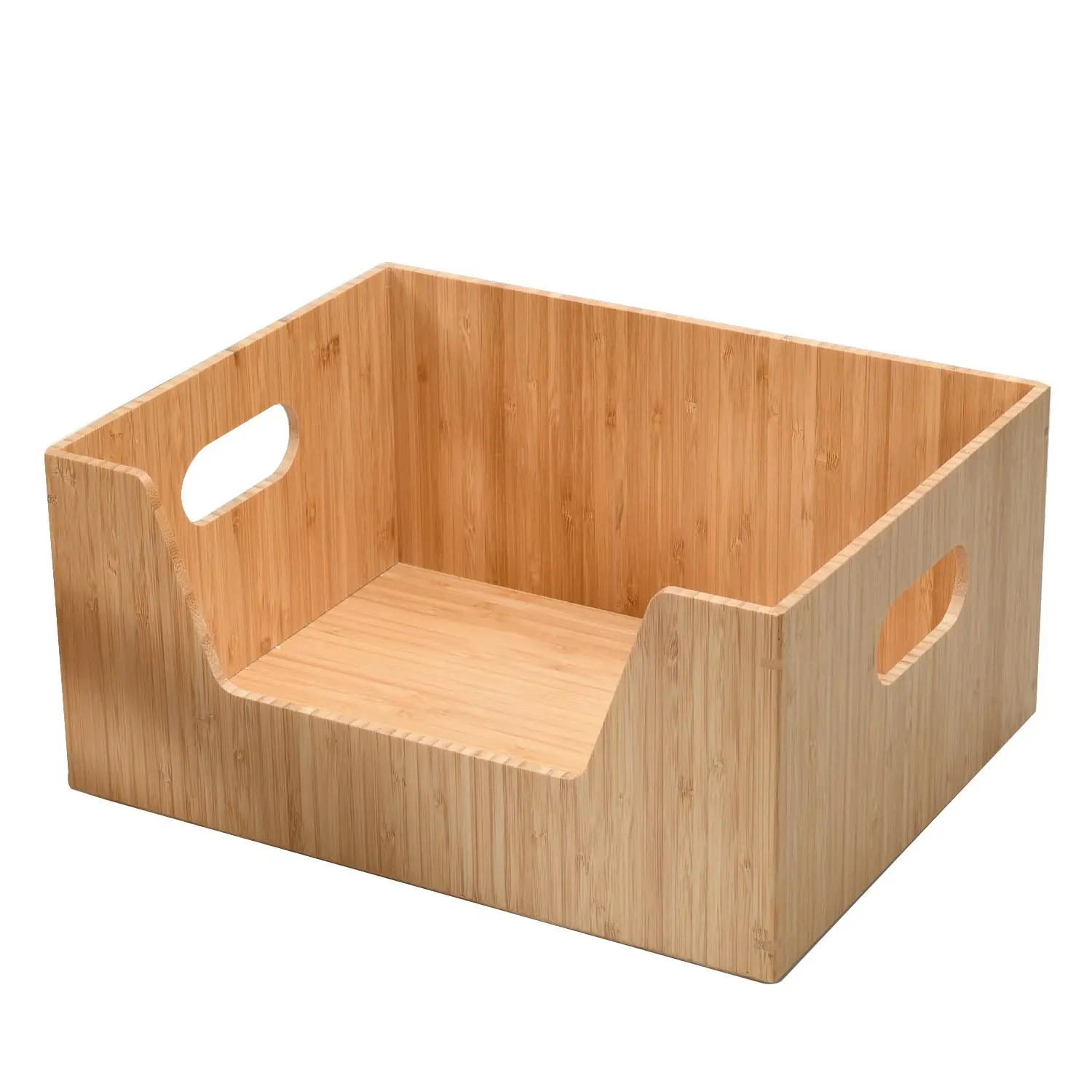 Bamboo Storage Box with Open Front Stackable Bin Organizer to use in kitchen pantries, 14 x 11 x 6.5 inches