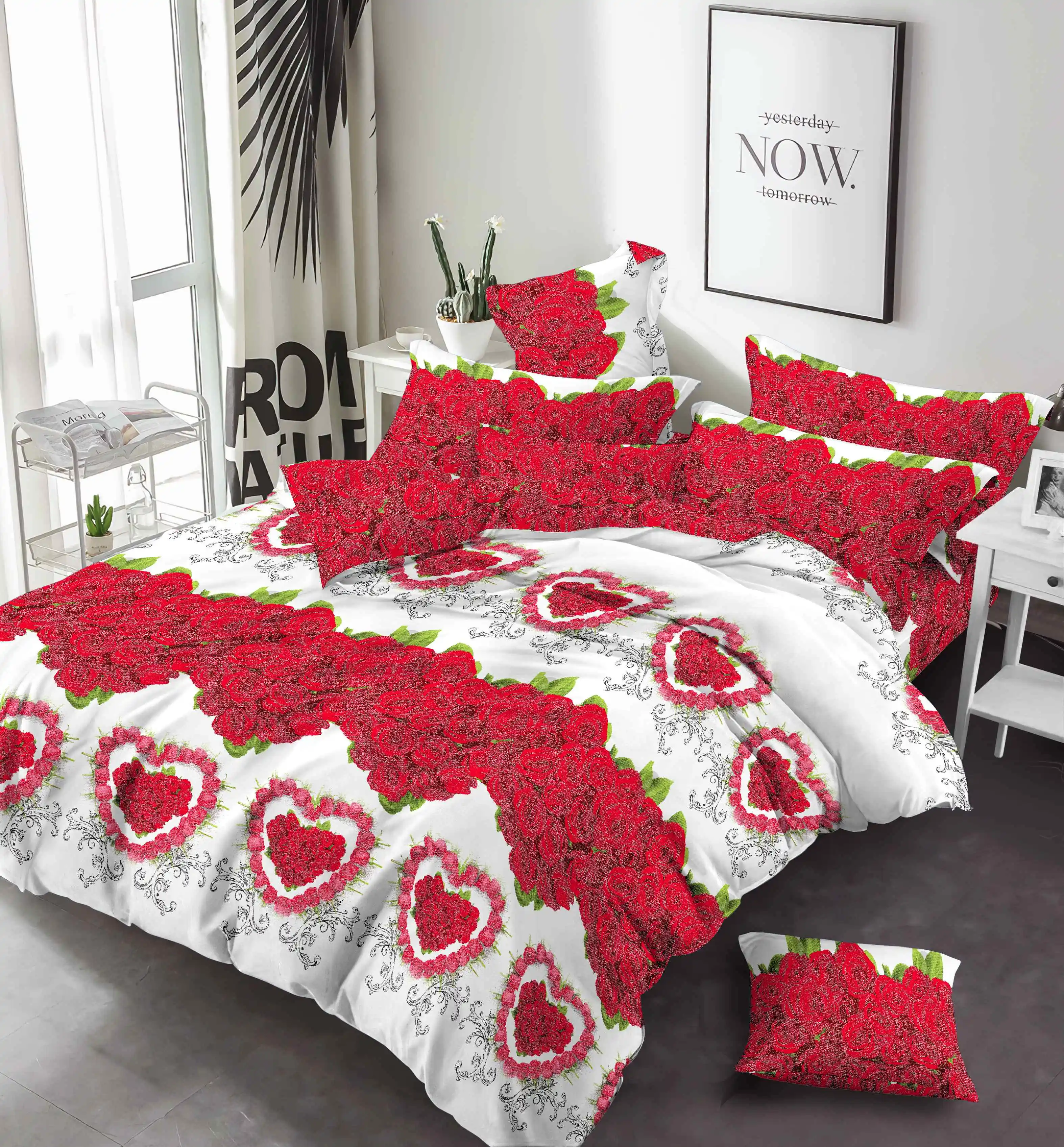 Hot sale 100% Polyester Printed White Black Color Heart Love designs Bed Sheet Bedroom Bedding sheet set for bedding