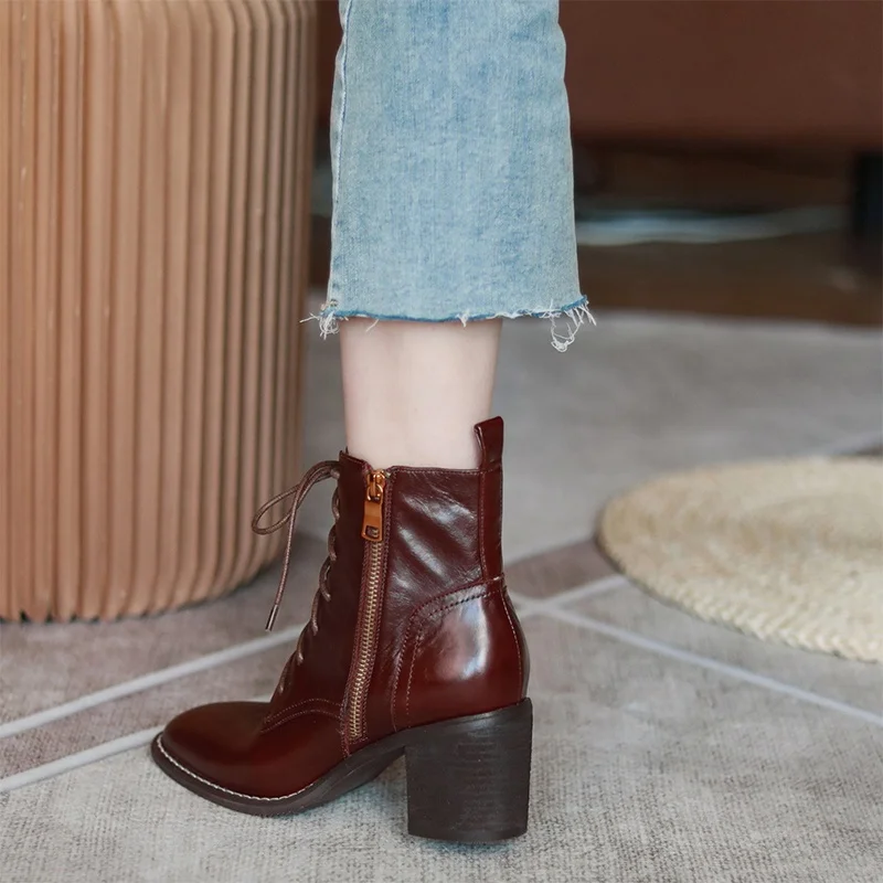 
2020 Top Level vintage women genuine leather zipper high heel boots fall shoes black hand made boots for ladies 
