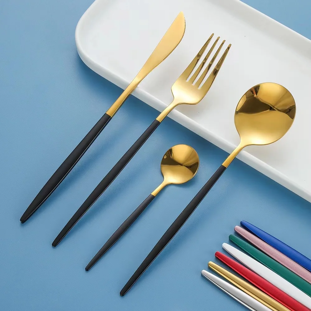 Wholesale Gold Plated Flatware Restaurant Luxury Spoon 24pcs Custom Portuguese Stainless Steel Gold Cutlery Set For Wedding