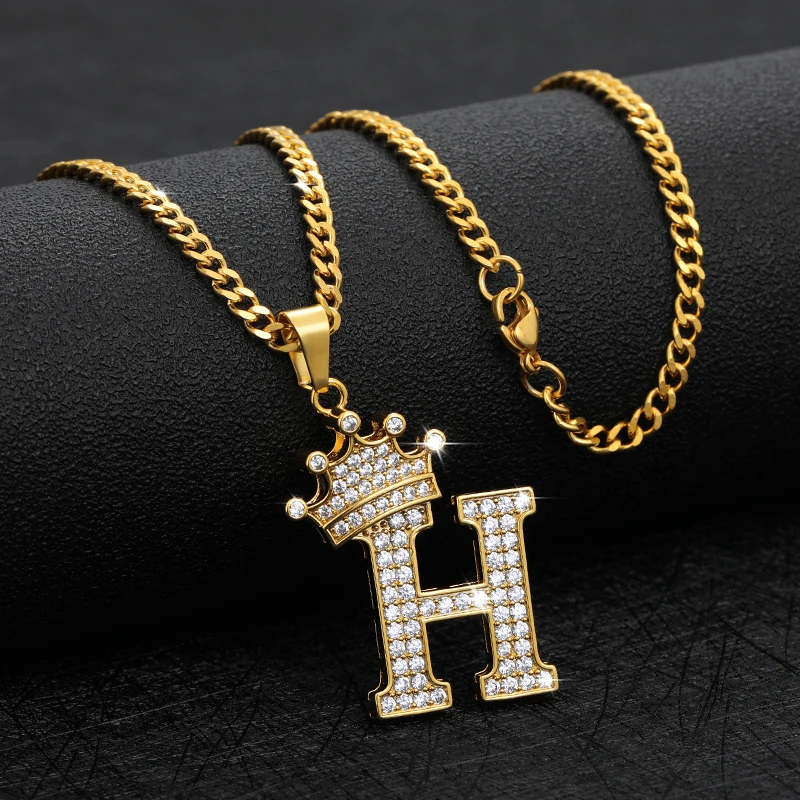 Crystal Zircon Alphabet Pendant Necklaces Crown Initial Letter Necklace Goth Chain Vintage Jewelry Stainless Steel For Women Men