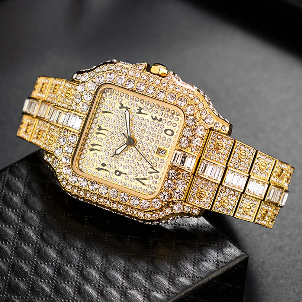 Hot promotion square steel strip timing calendar japan quartz movement diamond watch for men high end light luxury