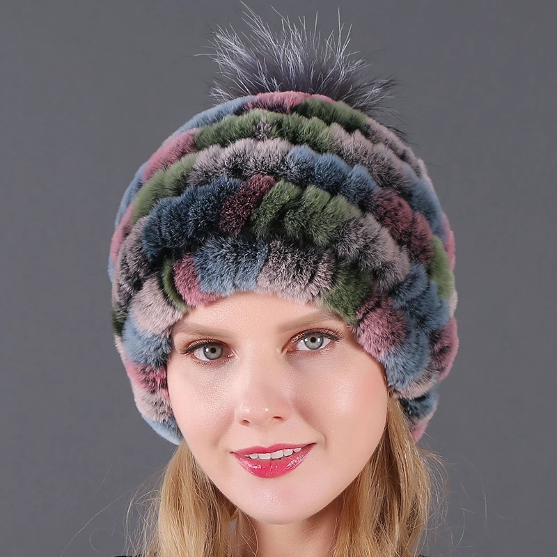 Good Quality Hats With Fur Balls Winter Fur Hat  For Women