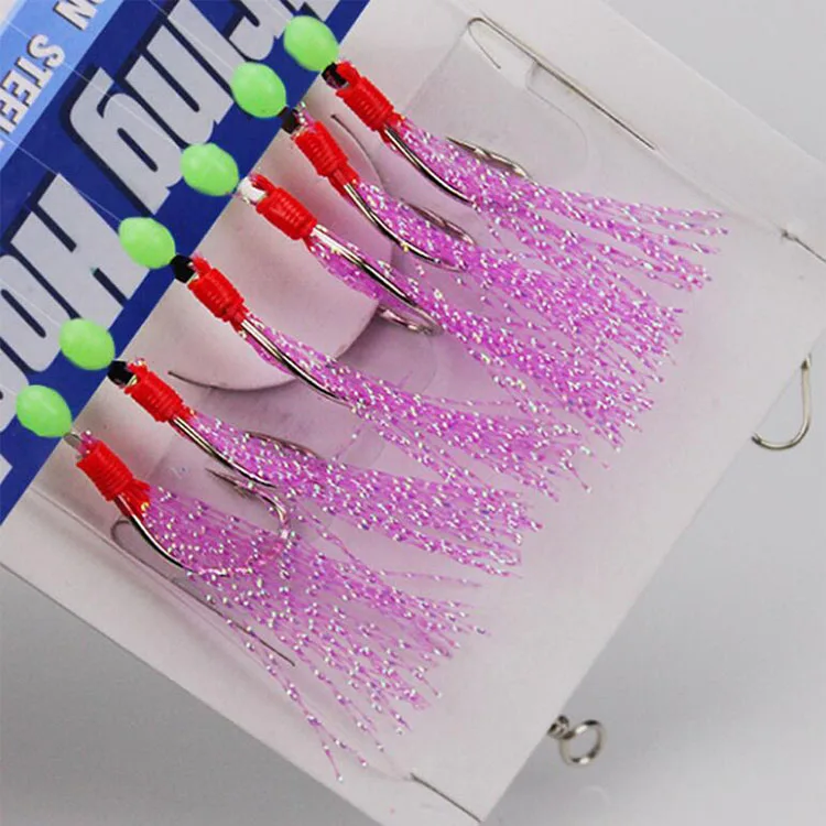 6 Hooks Sabiki Rig for Sea Fishing with Luminous Sabiki Hook Real Fish Skin Colorful Feather for Bass Shark Trout Target Species