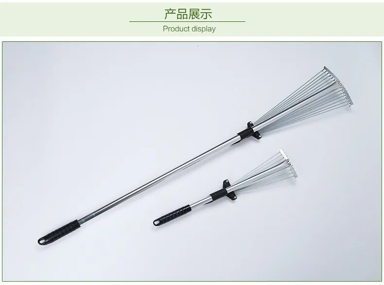 Telescopic Rake Garden Hand Rake Fan Design for Farming Wand Adjustable Head 15 Iron Tines Soft Grip Comfort Handle Leaf Rake