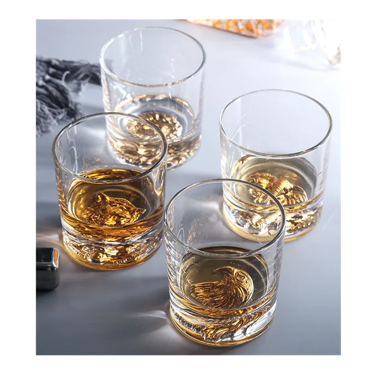 10oz 300ml Unique Gold Foil Embossed Animal Base Whiskey Glass for Drinking Whiskey Bourbon Rum