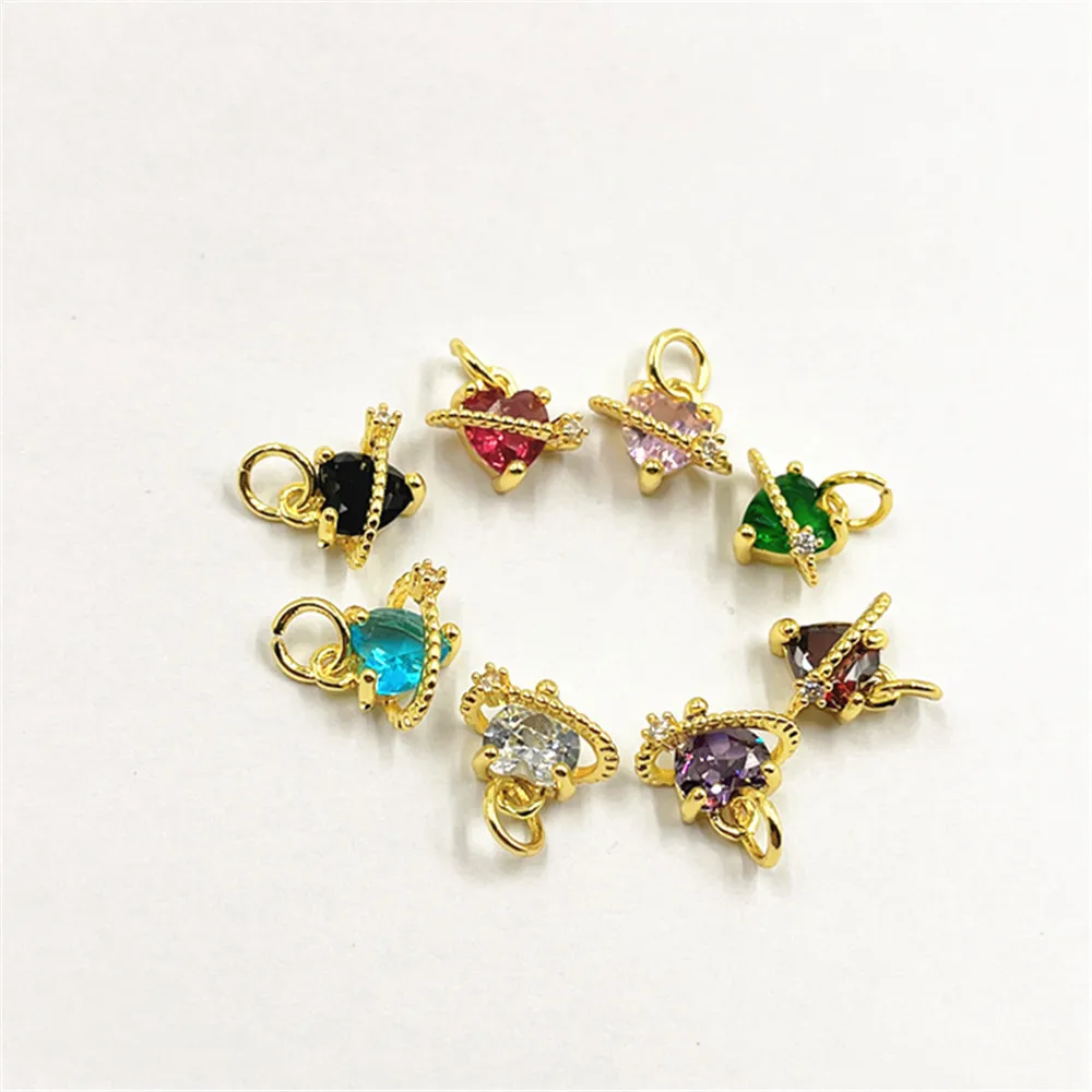Creative 11 * 14mm Gold Plated Heart Pendant Colorful Pink Blue Emerald Zircon Pendant For DIY making jewelry accessories