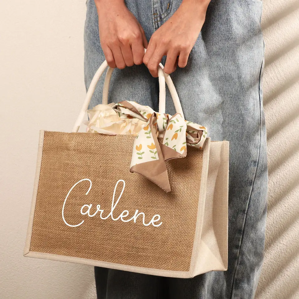 custom logo eco friendly Personalized Burlap Custom Tote Bag Bridesmaid jute Bag Wedding Favors Party Gift jute beach bag