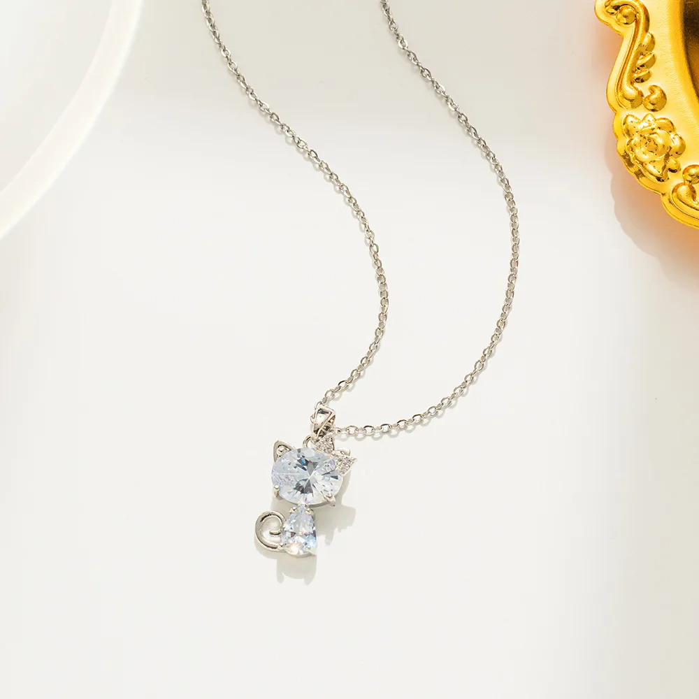 18K Stainless Steel Necklace Unisex Shiny Crystal Zircon Cute Cat Pendant Trendy Gold Silver Chain Trendy Number Shape Women