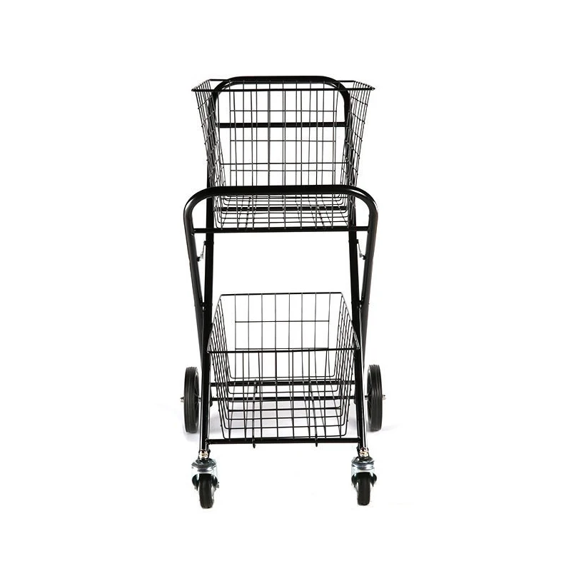 Foldable Metal Electronic Shopping Trolley Grocery Stores Double Baskets Collapsible Shopping Trolley with Big Wheel
