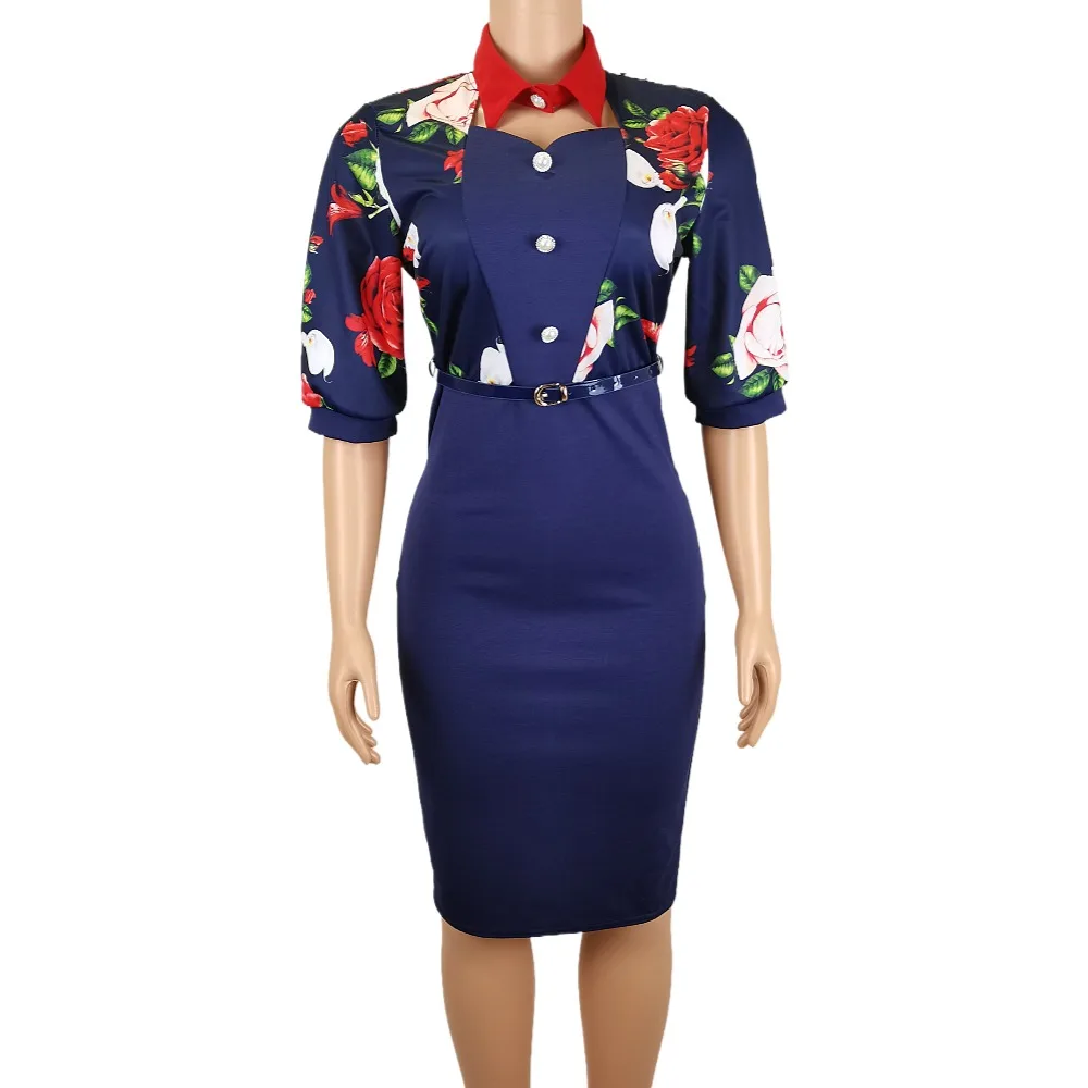 summer Women Casual Office Lady Dresses turn down collar floral print Elegant Business Bodycon Vestidos workwear Sheath