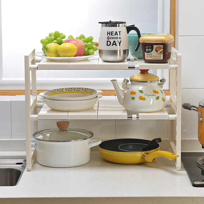 2021 Popular Lower Sink Kitchen Plastic Rack 2 Tier Expandable Under Shelf Organizer Storage for