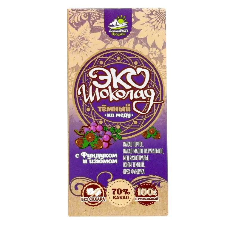 
Dark Chocolate (70% Cocoa) On Honey With Hazelnuts And Raisins, 50 g 
