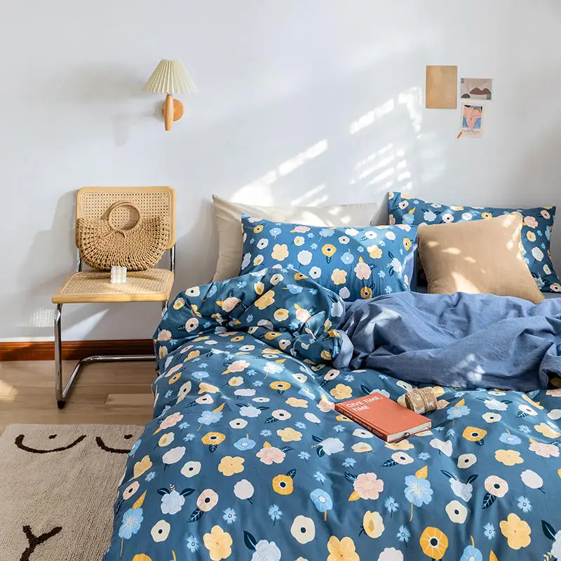blue flowers plain printed duvet cover sets bed sheet washed bedding set