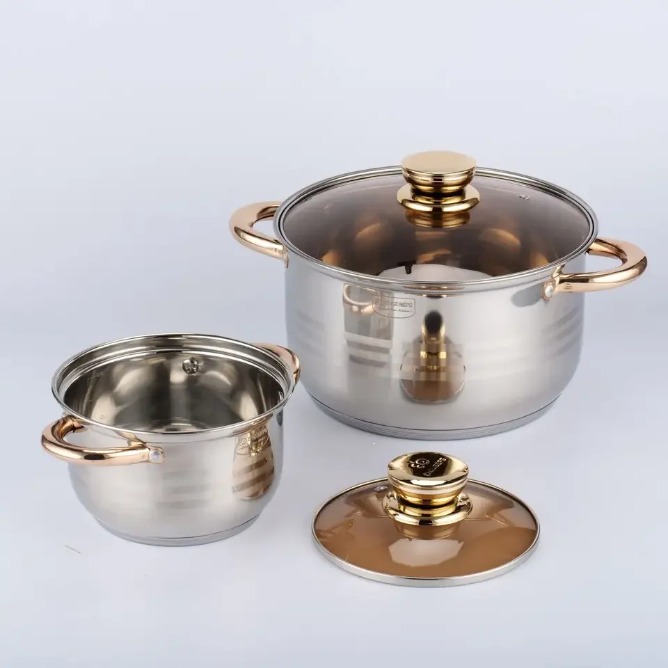 High Quality Easy Clean Cookware Sets Stainless Steel 201/304 Gold Plated Handles Oem Acceptable