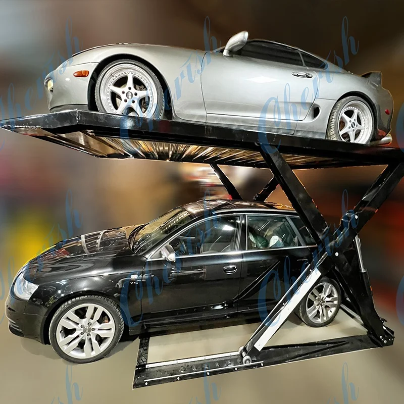 No post double level car stacker scissor parking lift home garage 2 level car parking equipment