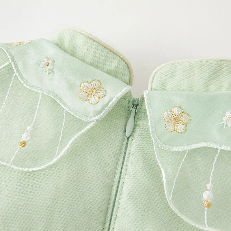 DB3236462 DAVE BELLA Autumn Children Girls Fashion Green Mesh Embroidered Butterfly Lapel Comfort Flower Bag Lace Cuffs Dress