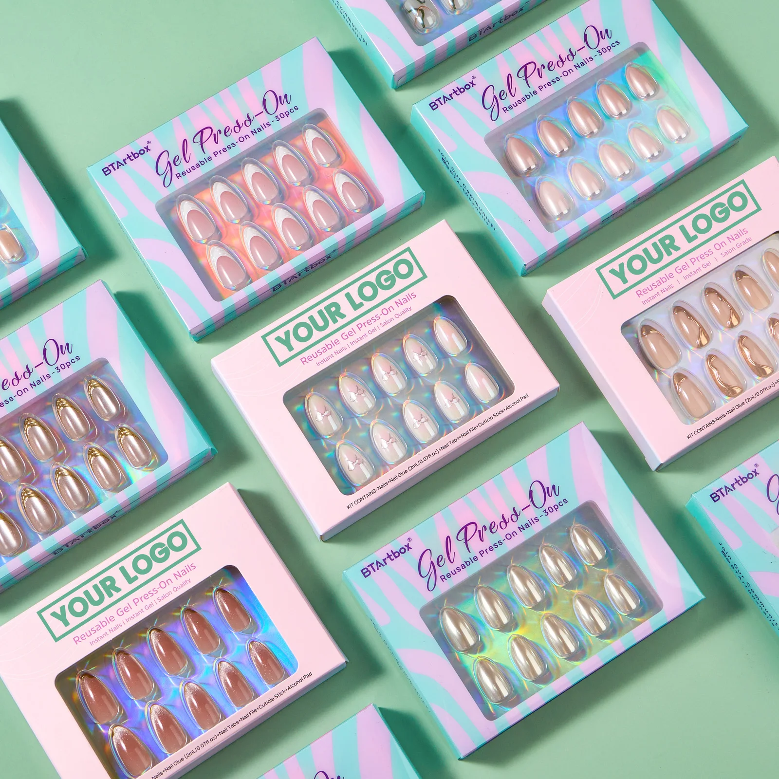 BTArtbox Soft Gel Press On Nail Wholesale Fake Artificial Nails Short Almond Square Handmade French Tip 3D Luxury Press On Nails