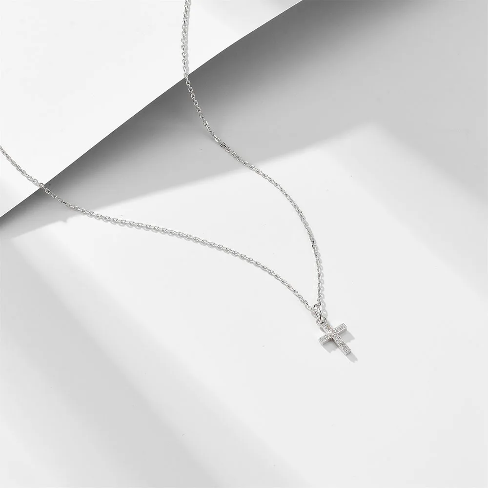 Hot Selling 925 Silver Jewelry White Zircon Cross Pendant Necklace 925 Sterling Silver Necklace For Women