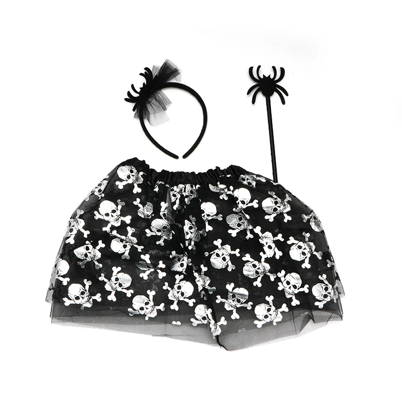 Kids Halloween Spider Web Print Tutu Dress Purple Devil Angel Costume Wings Fairy Wand with headband 4pcs