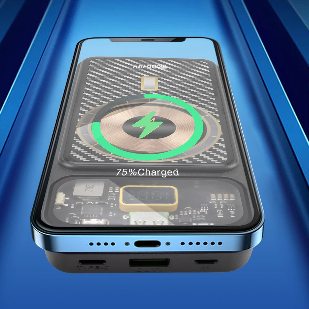 Latest Design Portable charger 12000mah Magnetic Power Bank Battery Pack Wireless chargers transparent Portable Mobile Charge