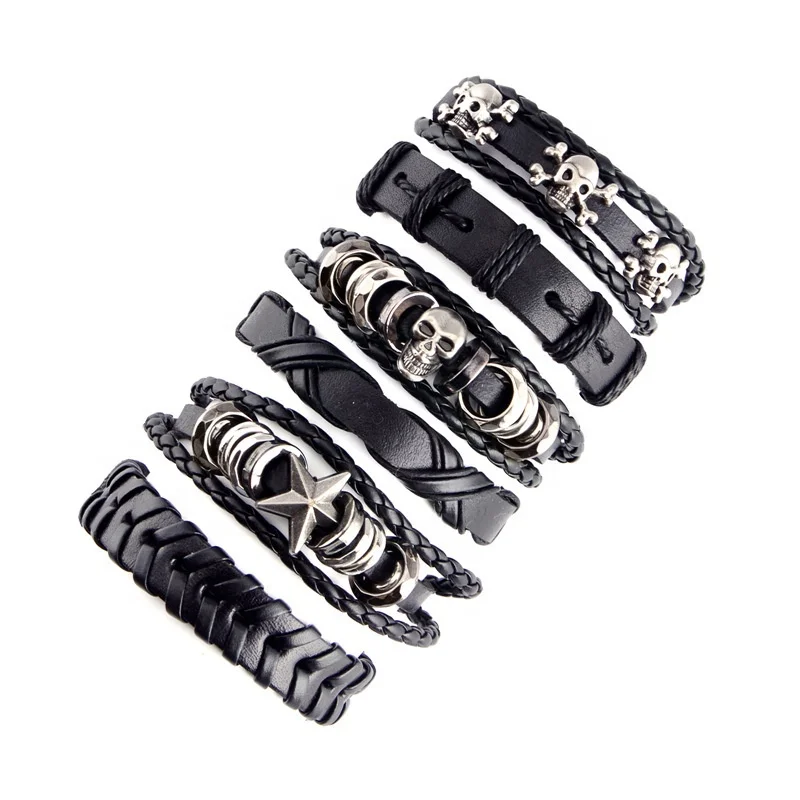 SUZY Jewelry 6 Pcs Leather Bracelet Chain Black Braided Wide Wristband Women Men Punk Jewelry Stainless Skull
