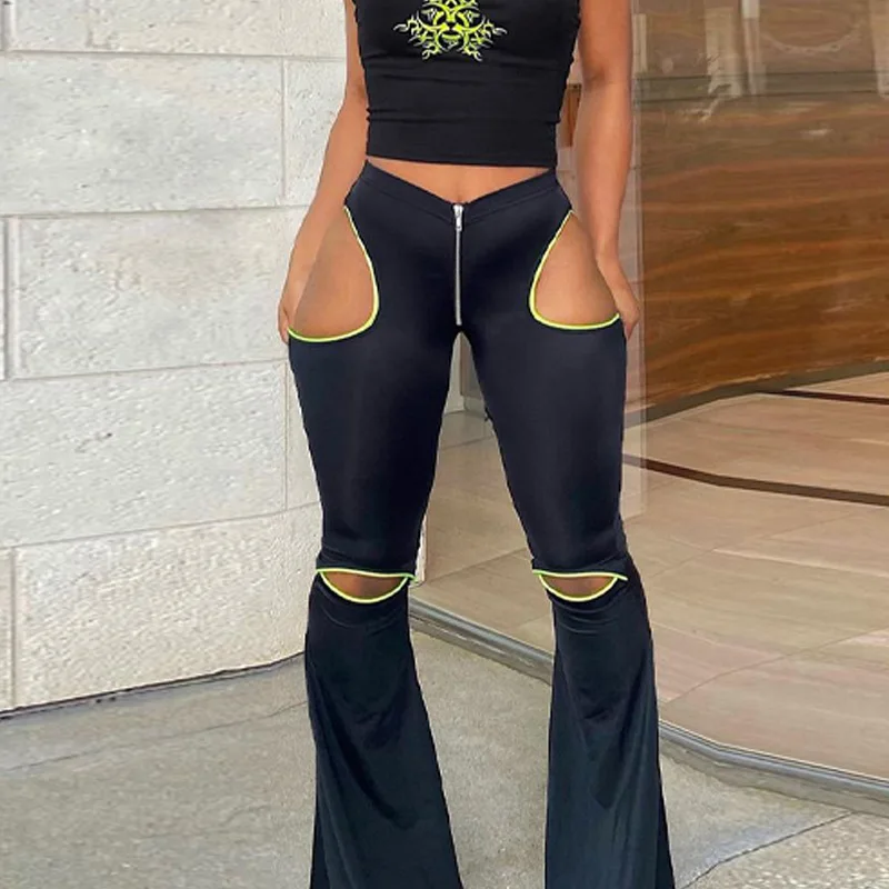 2022 High waist club wear new arrival Y2K pants women black long trousers cut out wide leg ripped palazzo pants