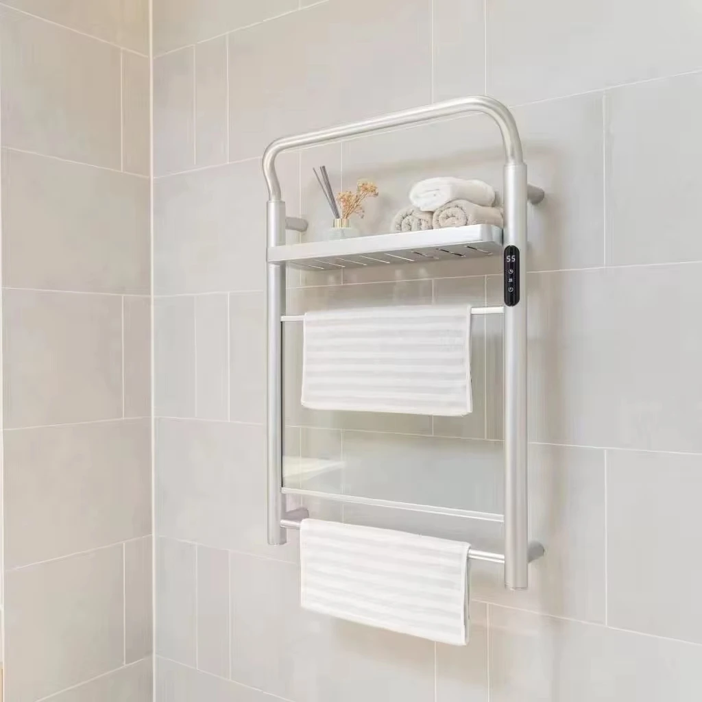 Modern Wall-Mounted Aluminum Flat Glass Panel Bathroom Radiator Electric Infrared Glass Warming Towel Rack with Heater